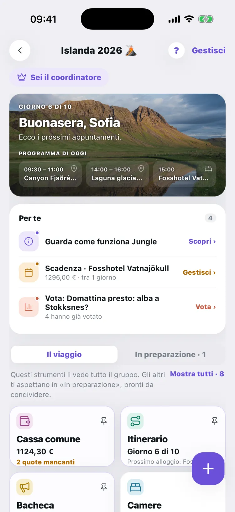 La scheda di un viaggio, con il programma di oggi